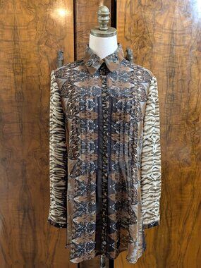 Mesmerize Tunic Blouse S Animal Print Zebra Baroque Pleated Tuxedo Shirt